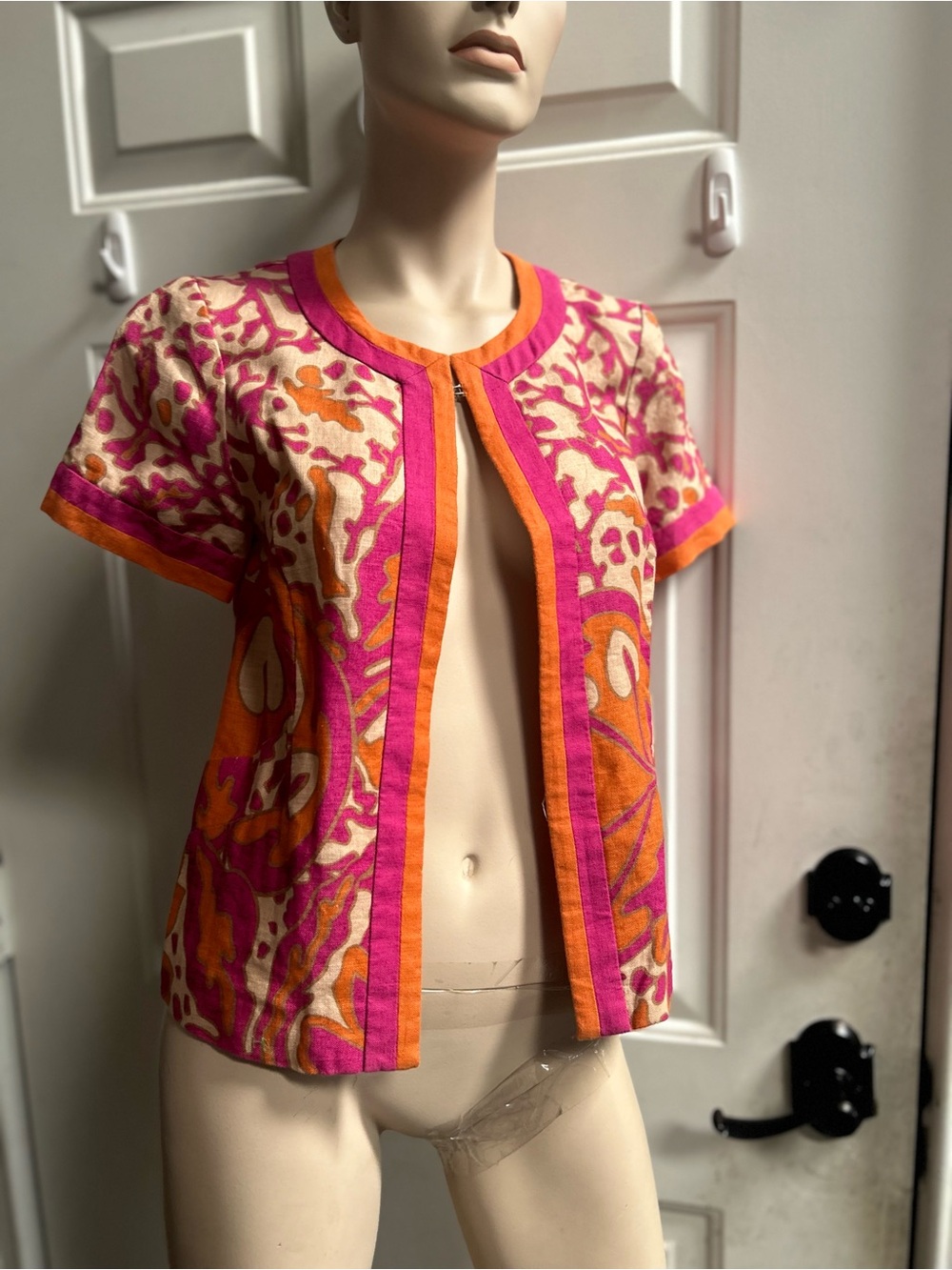 Vtg Focus 2000 Floral Short Sleeve Open Front Jacket - Pink & Orange Sz 8P